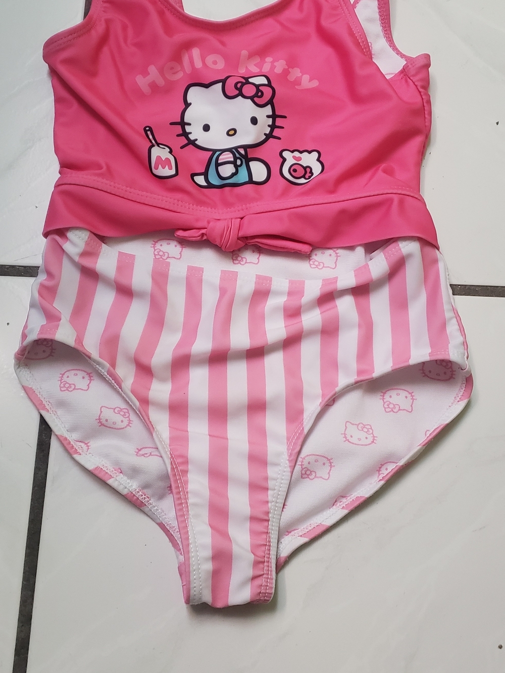 Like new "Hello Kitty" pink and white striped kids one-piece swimsuit